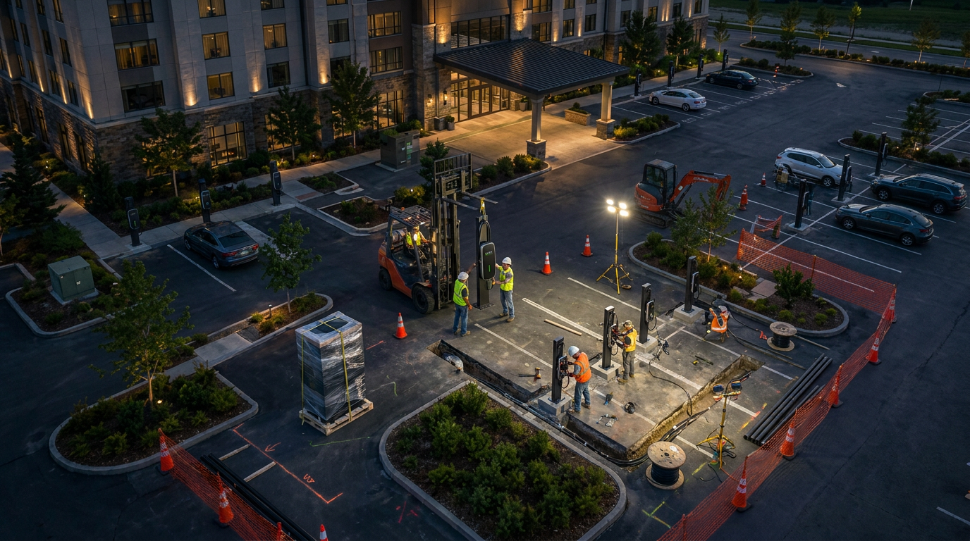 Aerial view of an Avail Energy construction site at a hospitality parking lot with crew installing chargers at dusk.