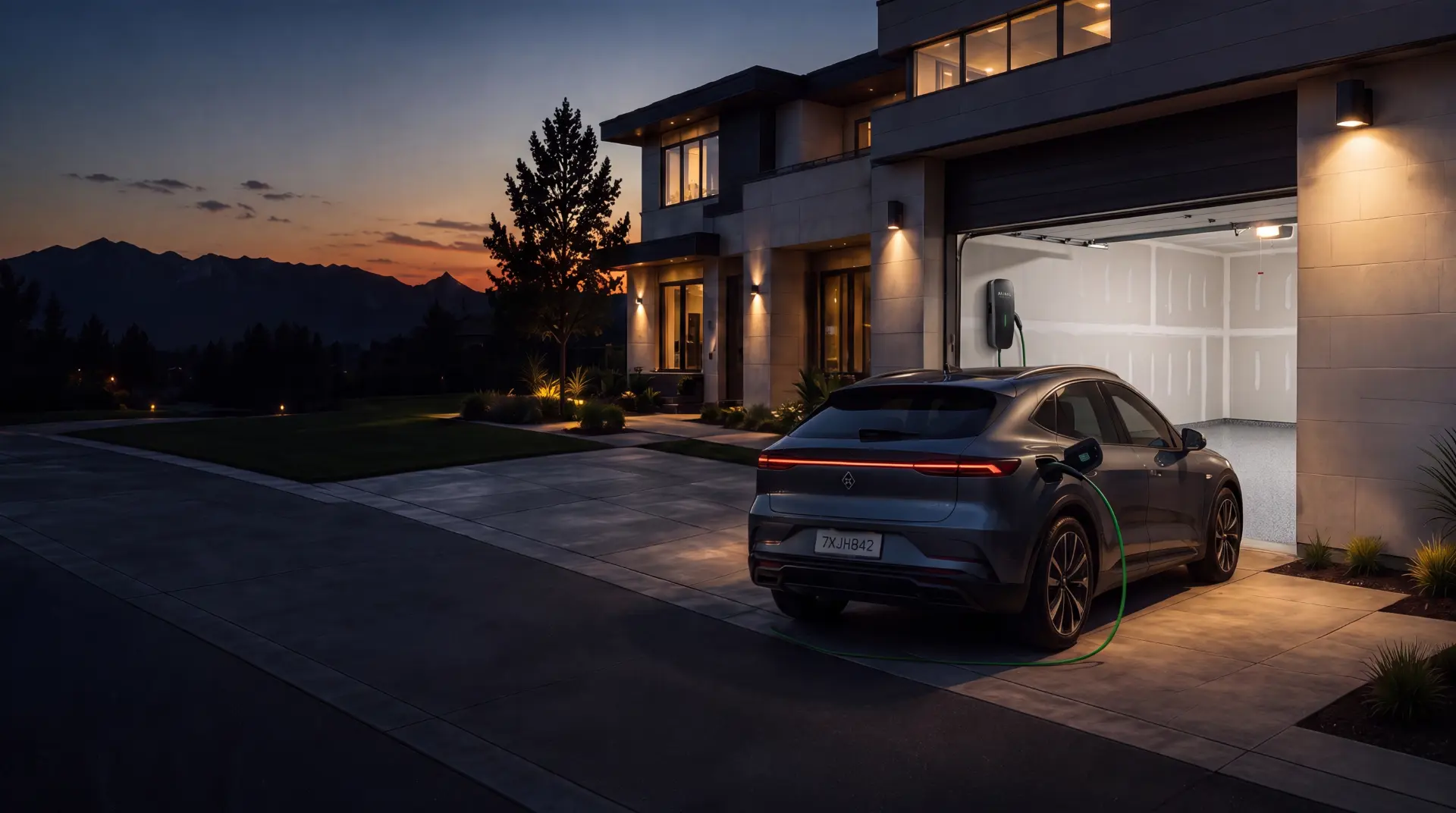 Residential driveway at dusk with an Avail Energy home charger.