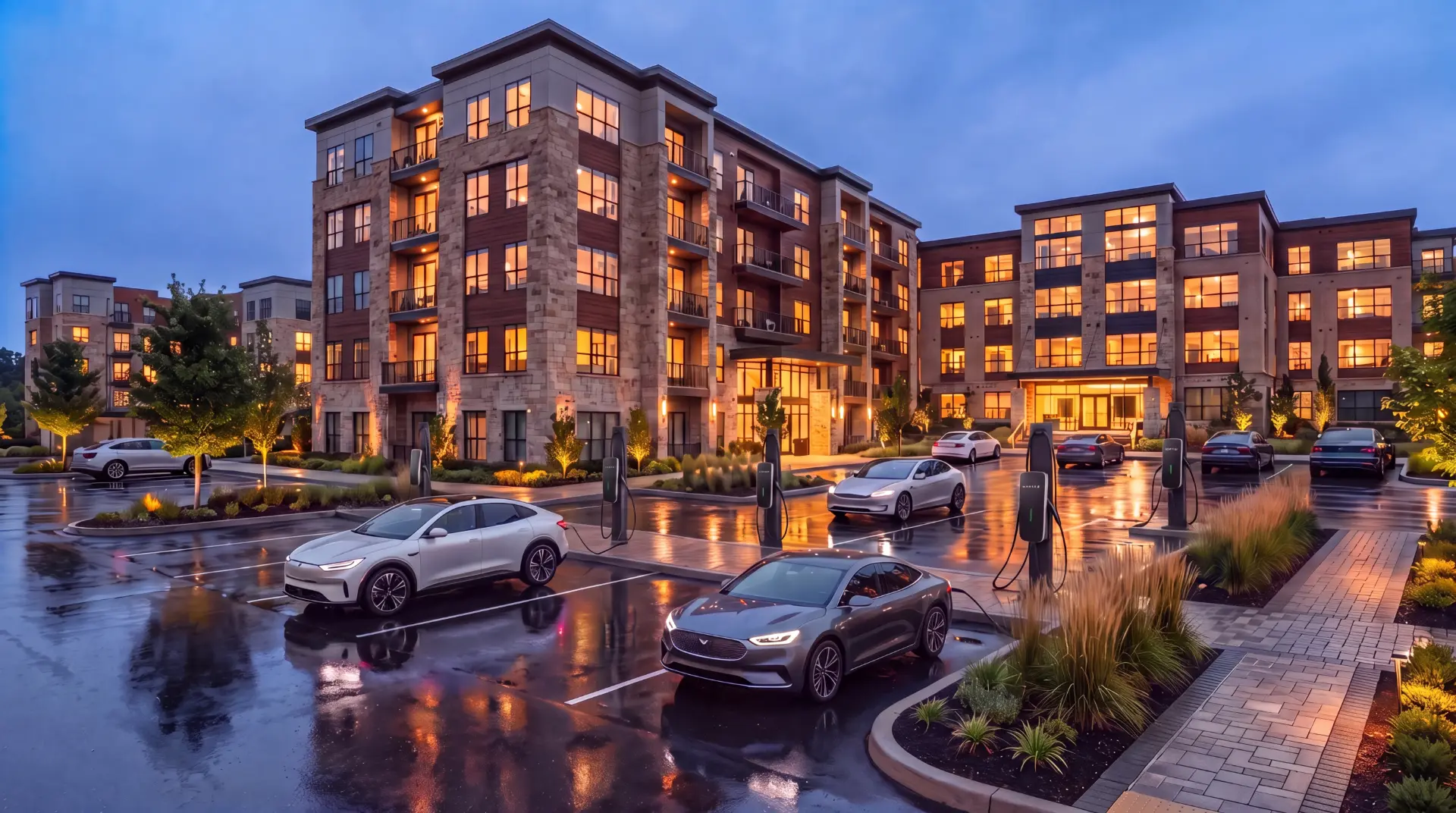 Hotel property at dusk with EV charging stations across the guest parking area