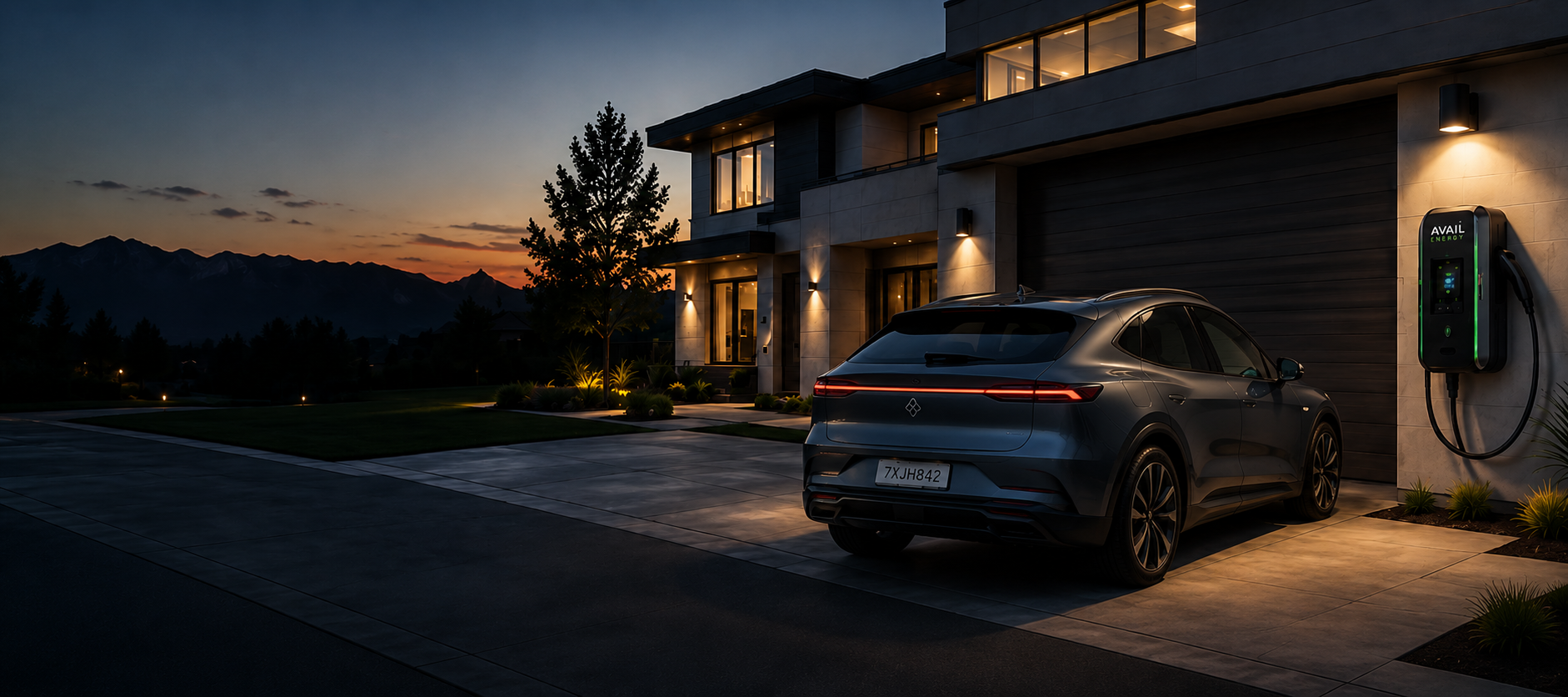 Modern home at dusk with EV parked in the driveway