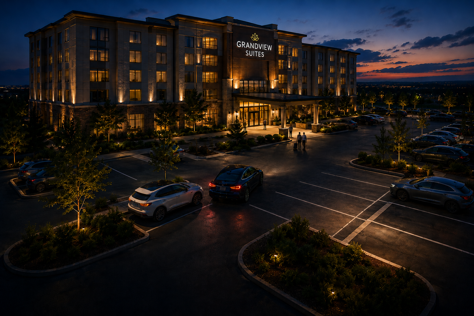 Hospitality property at dusk with EV-ready parking and warm exterior lighting.