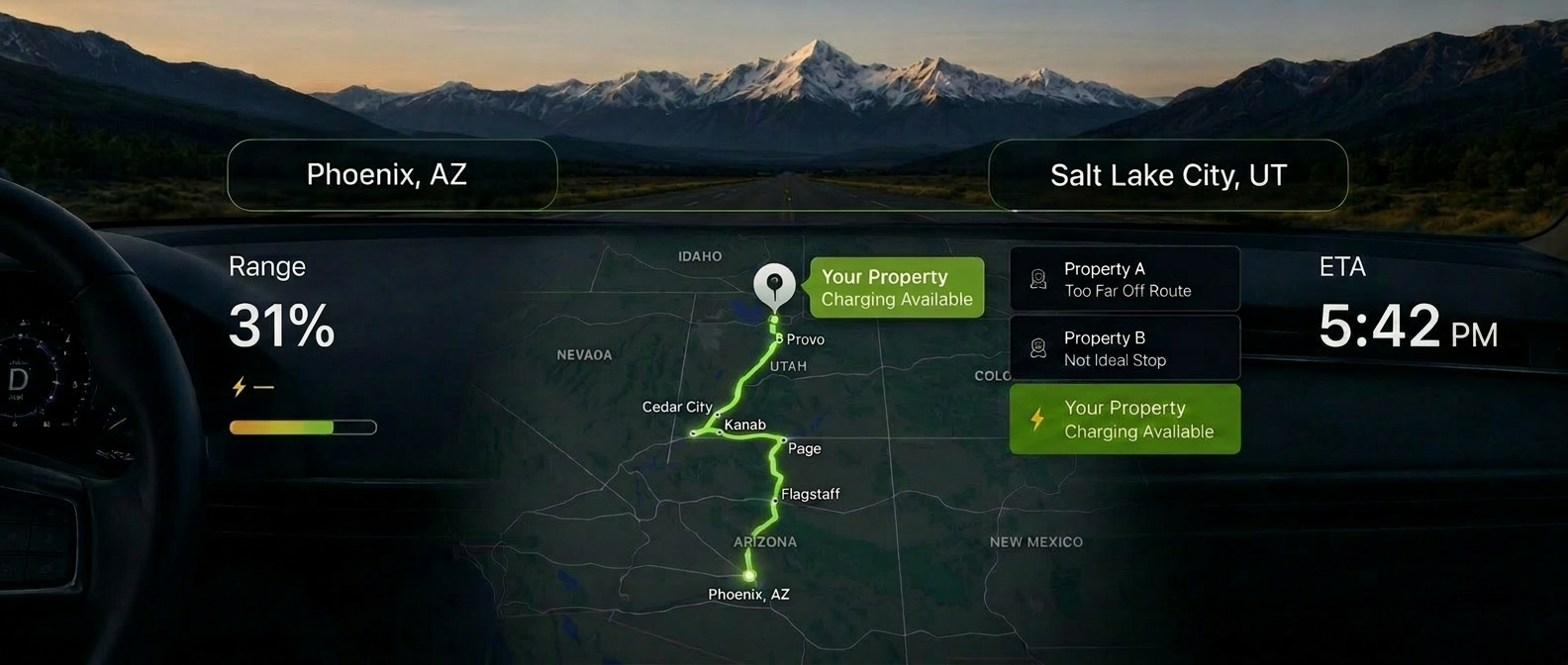 In-vehicle navigation display showing a planned EV route with an Avail-equipped property marked as a charging stop