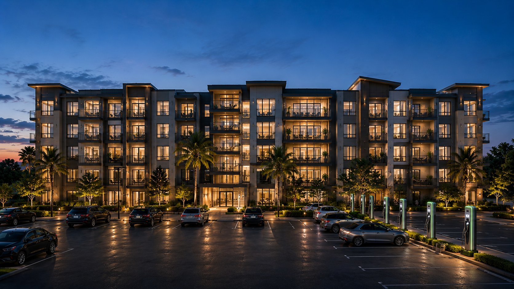 Modern multifamily apartment property lit at dusk