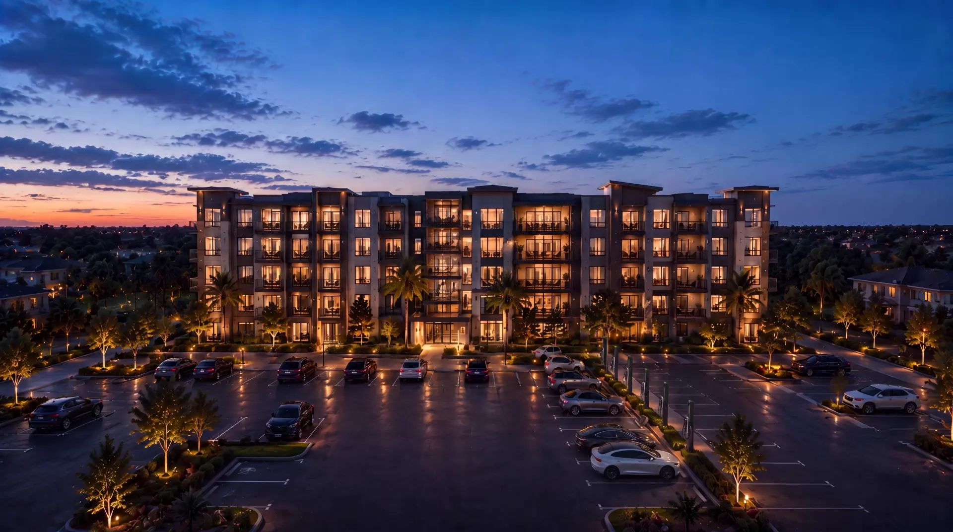 Apartment community at night with resident EV charging stations.