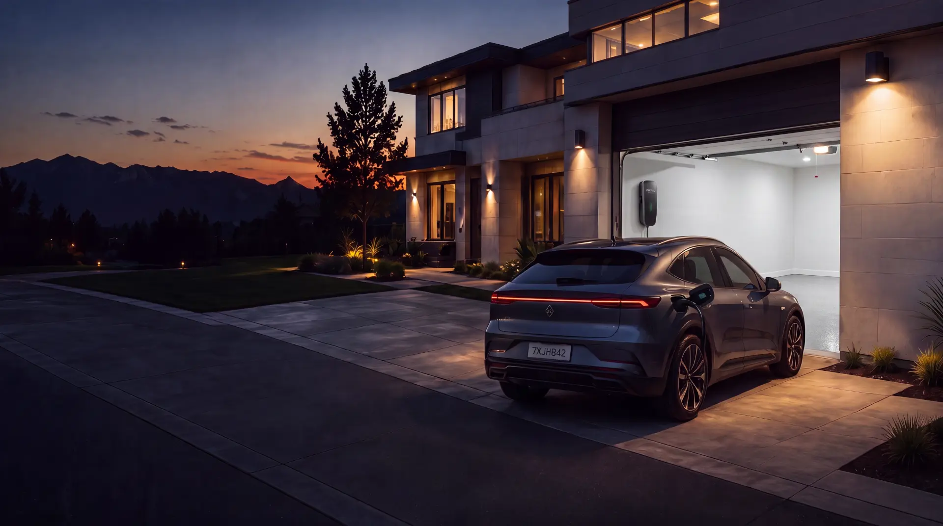 Modern home at dusk with an electric vehicle plugged into a wall-mounted charger in the open garage