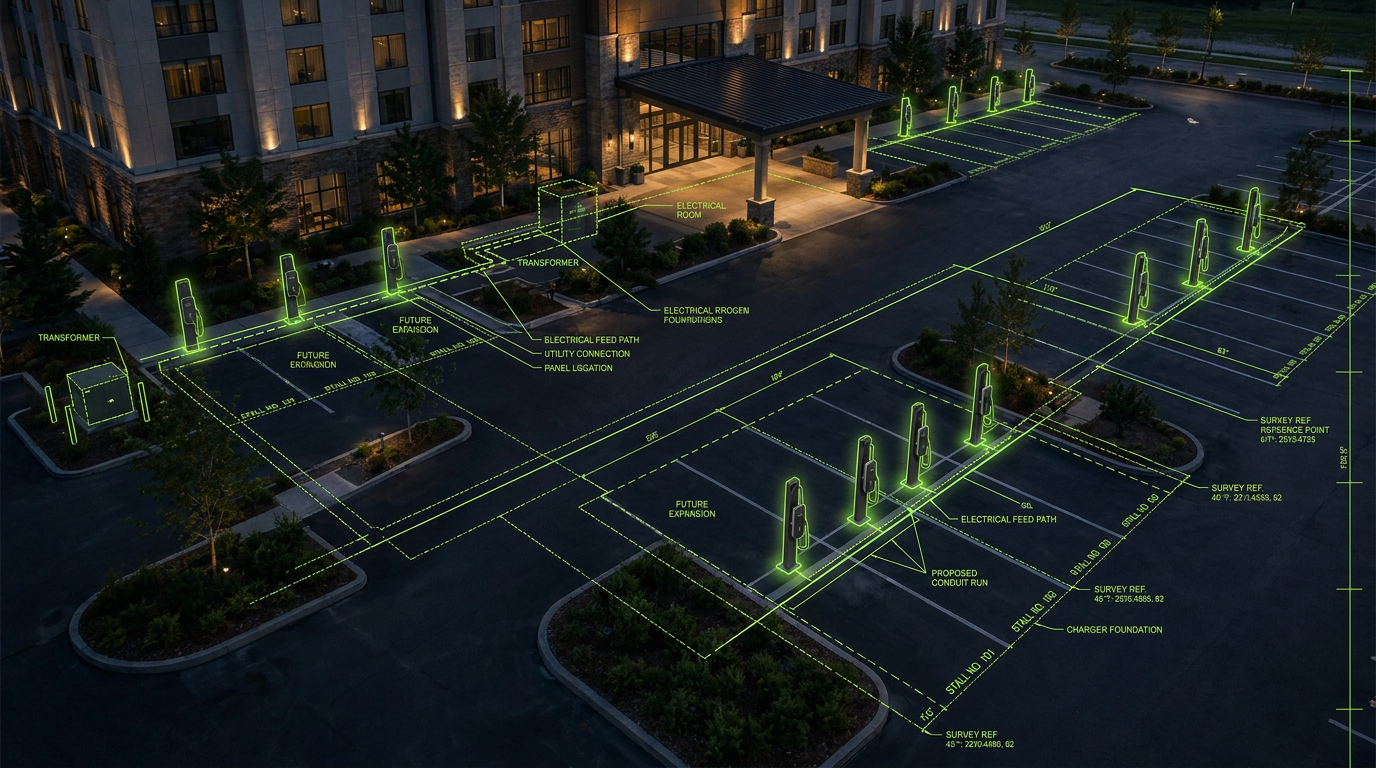Engineering site plan overlaid on a hospitality parking lot at dusk.