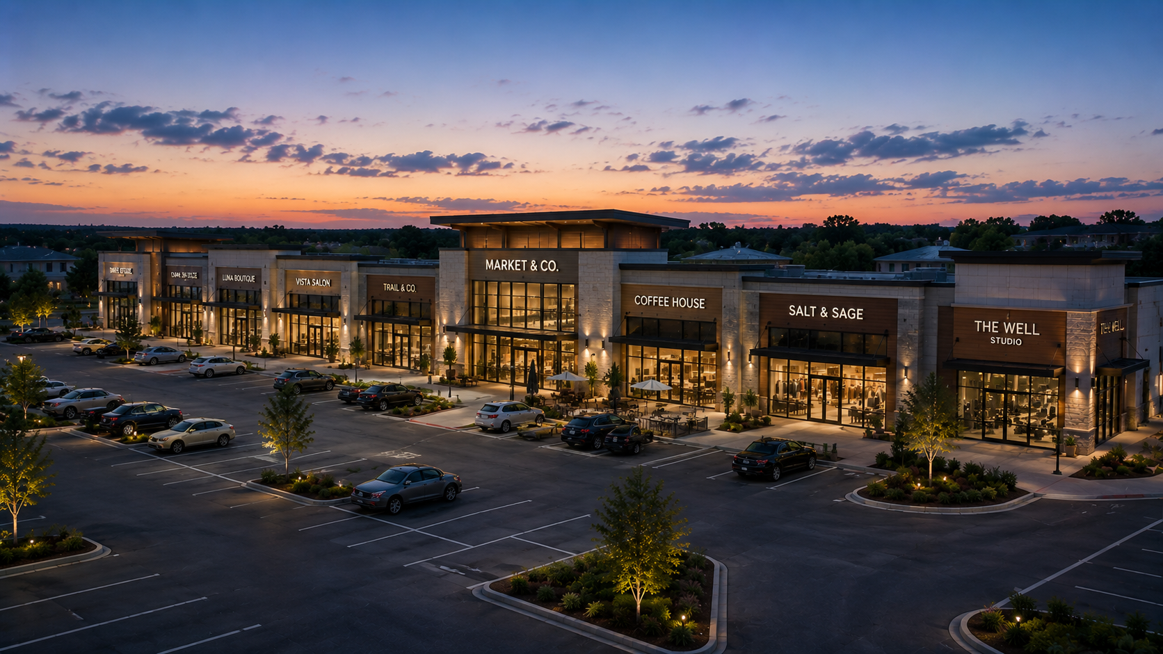 Open-air shopping center at dusk with EV charging in the lot.