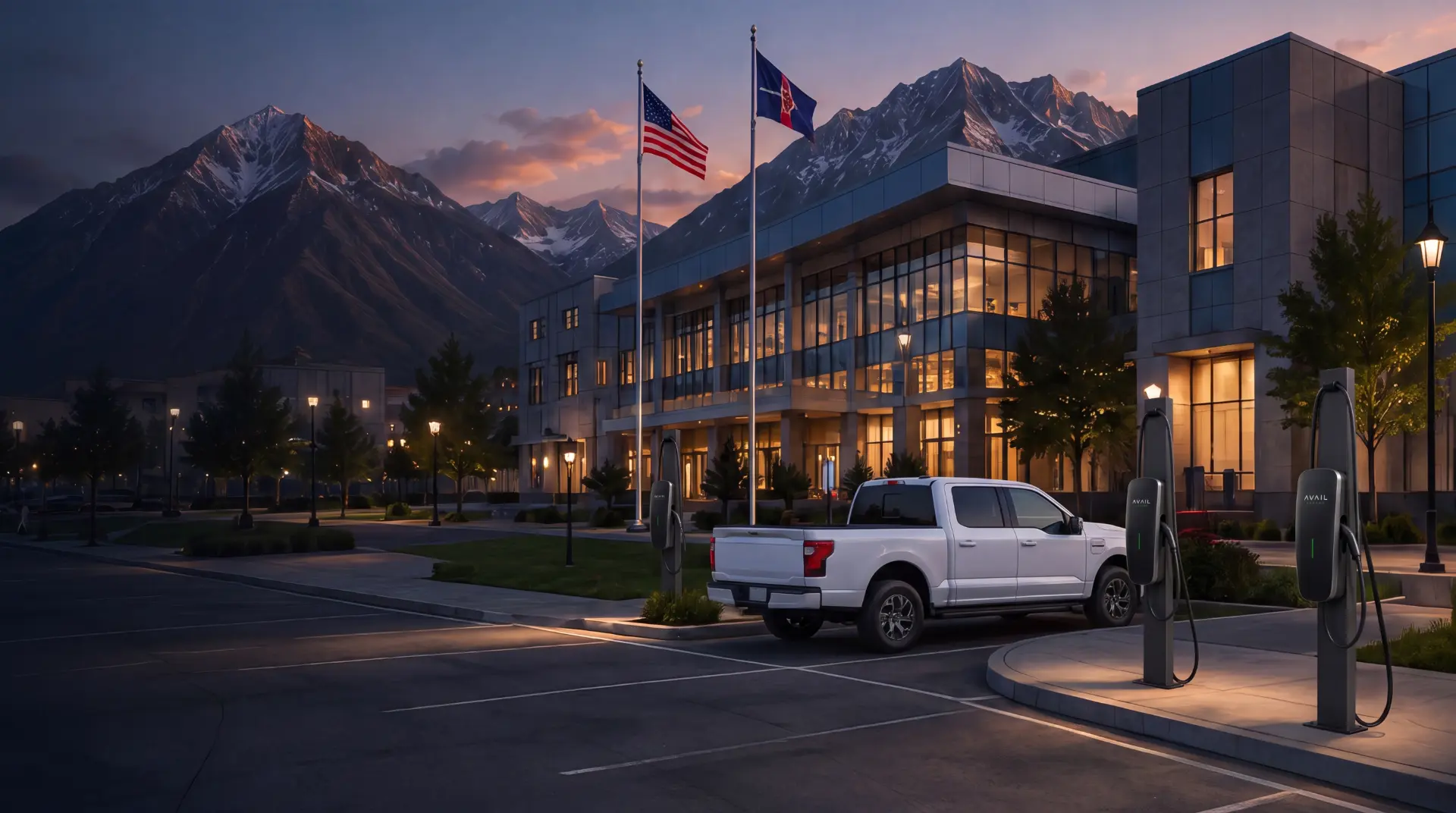 Civic building at dusk with public EV charging available.