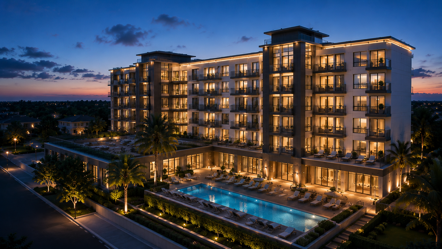 Luxury hotel property lit at dusk