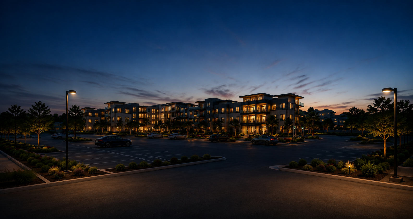 Modern hotel exterior at dusk with EV charging on-site.