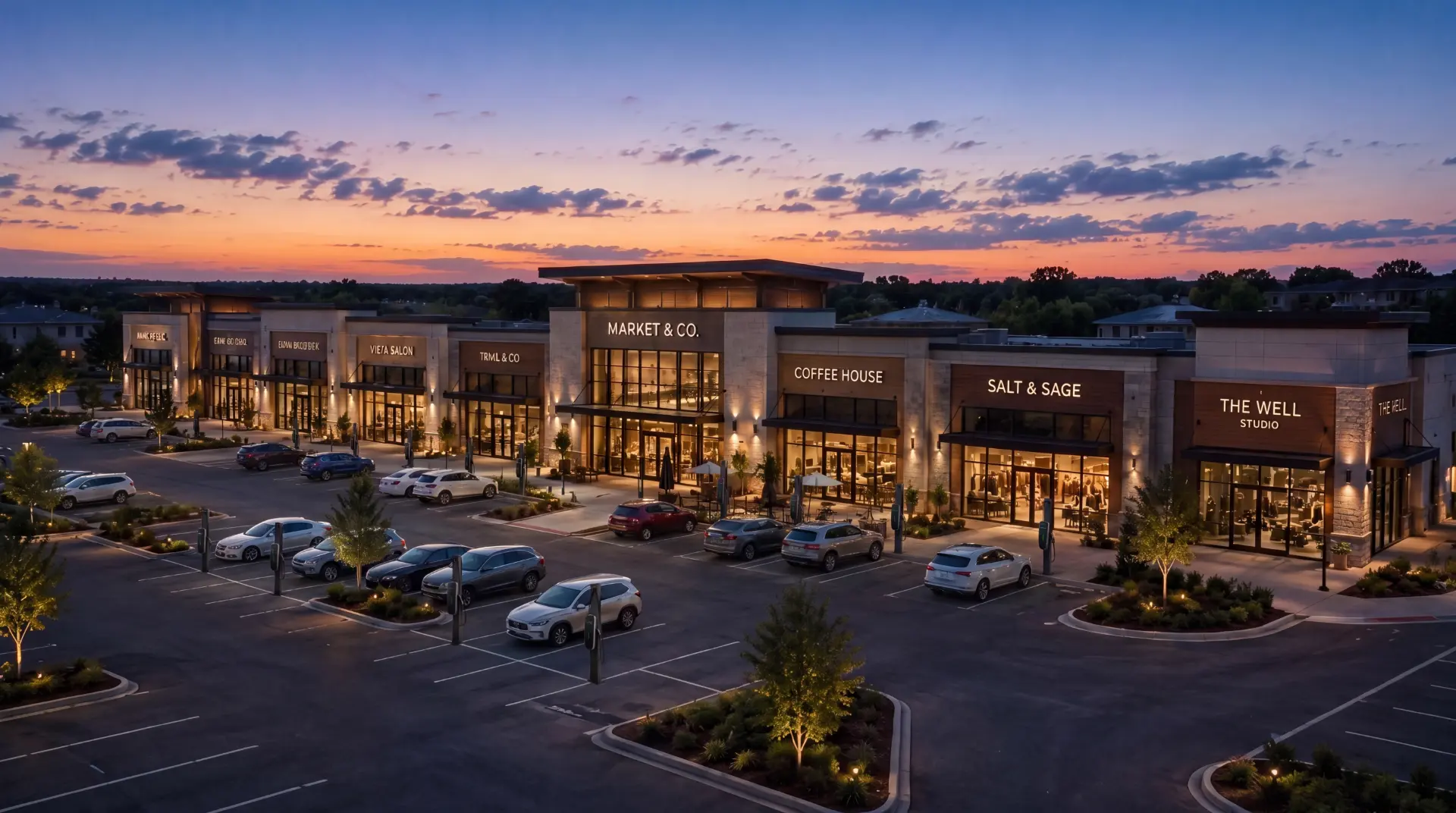 Open-air retail center at dusk with lit storefronts and EV chargers across the customer parking lot